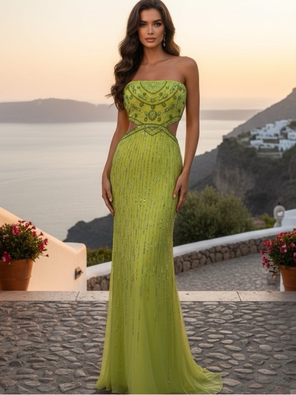 Strapless Lime Evening Gown with hand Beaded Detail stretch, fabric size small